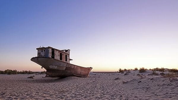 Stranded ship at the port of Mo?ynoq or Muinak, Aral Sea, Karakalpakstan, Uzbekistan