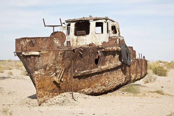 Stranded ship at the port of Mo?ynoq or Muinak, Aral Sea, Karakalpakstan, Uzbekistan