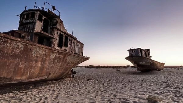 Stranded ships at the port of Mo?ynoq or Muinak, Aral Sea, Karakalpakstan, Uzbekistan