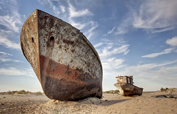 Stranded ships at the port of Mo?ynoq or Muinak, Aral Sea, Karakalpakstan, Uzbekistan