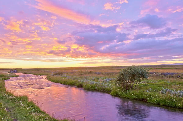 Stream in the afterglow of the sunset, Iceland