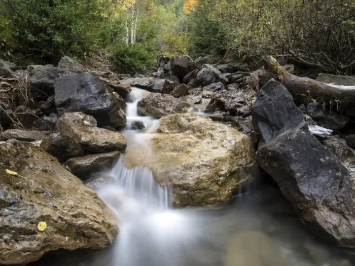 Framed Print : Stream of high mountain between big rocks crosses a forest in autumn Framed Print : Stream of high mountain between big rocks crosses a forest in autumn