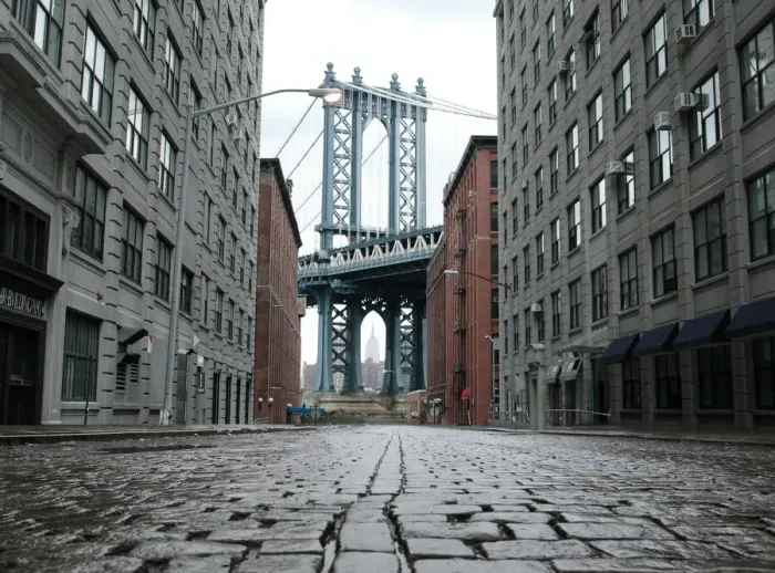 Framed Print : Empty street and Brooklyn bridge Framed Print : Empty street and Brooklyn bridge