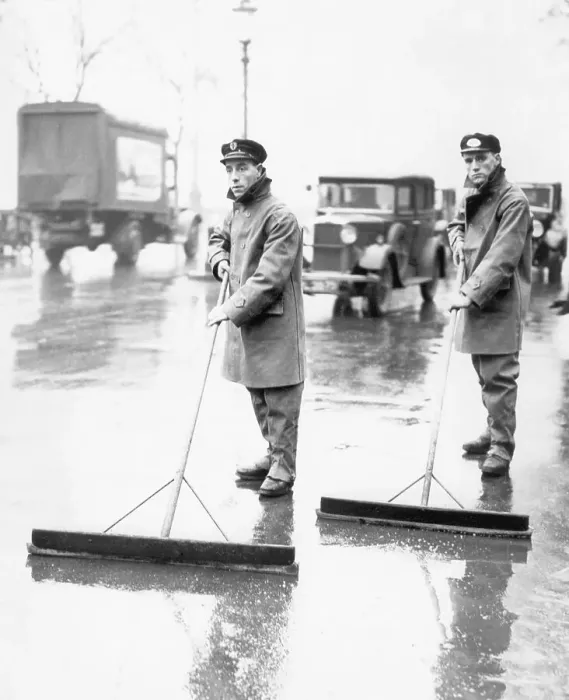 Framed Print : Street Cleaners Pushing Squeegees Framed Print : Street Cleaners Pushing Squeegees