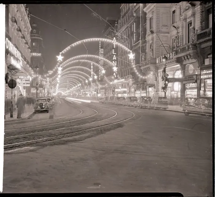 Framed Print : Street with Hanging Christmas Lights Framed Print : Street with Hanging Christmas Lights