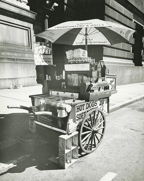 Street hot dogs vendor cart, (B&W)