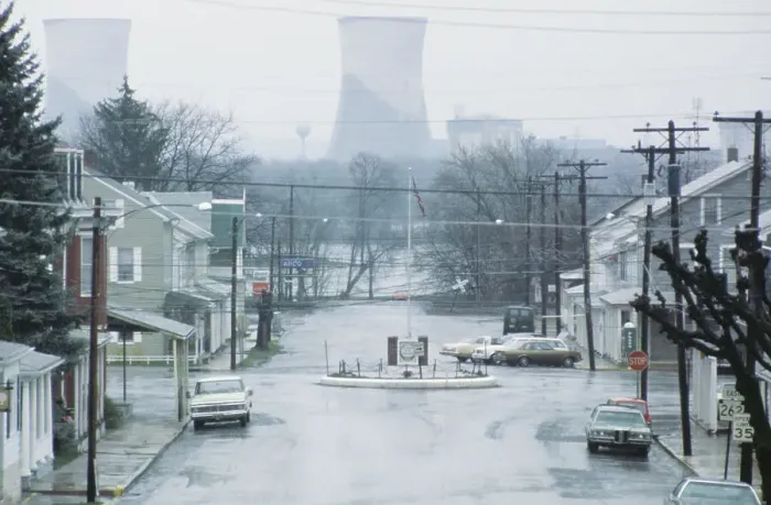 Framed Print : Street with Nuclear Cooling Towers in Background Framed Print : Street with Nuclear Cooling Towers in Background