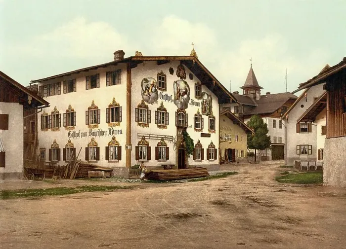 Framed Print : Street in Oberammergau, Bavaria, Germany, Historic, digitally restored reproduction of a photochromic print from the 1890s Framed Print : Street in Oberammergau, Bavaria, Germany, Historic, digitally restored reproduction of a photochromic print from the 1890s