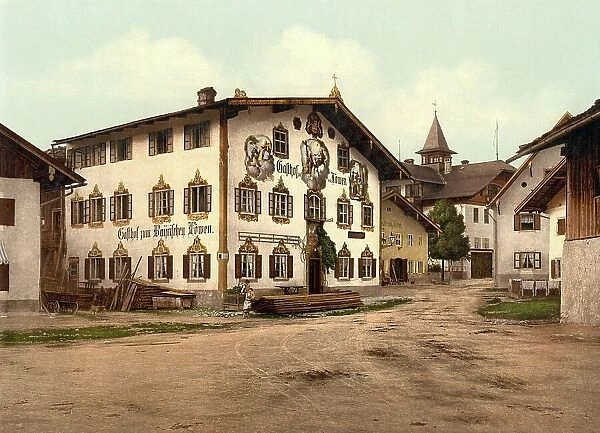 Street in Oberammergau, Bavaria, Germany, Historic, digitally restored reproduction of a photochromic print from the 1890s