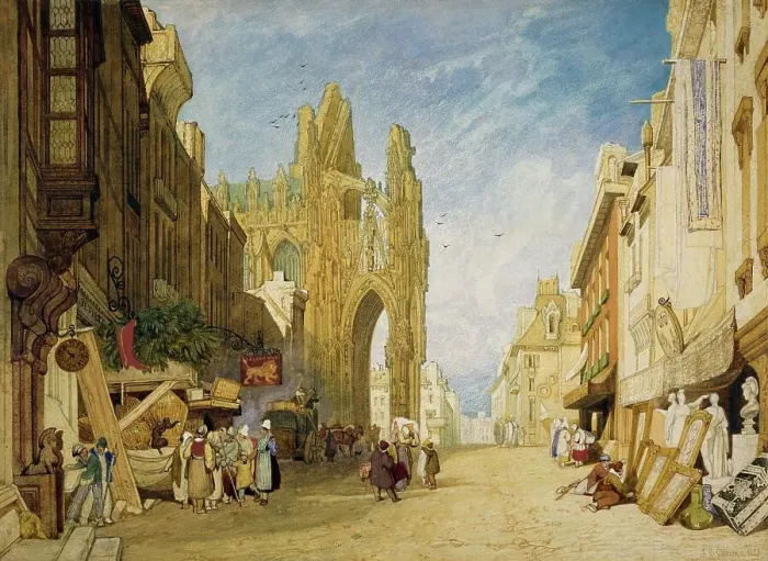 Framed Print : Street scene in Alencon, Normandy in 1828, France, Historical, digitally restored reproduction from a 19th century original