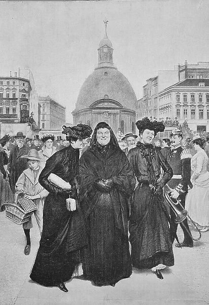 Street scene in Berlin with three woman and many passers-by, Germany, 1887, Historic, digital reproduction of an original 19th-century original, original date not known