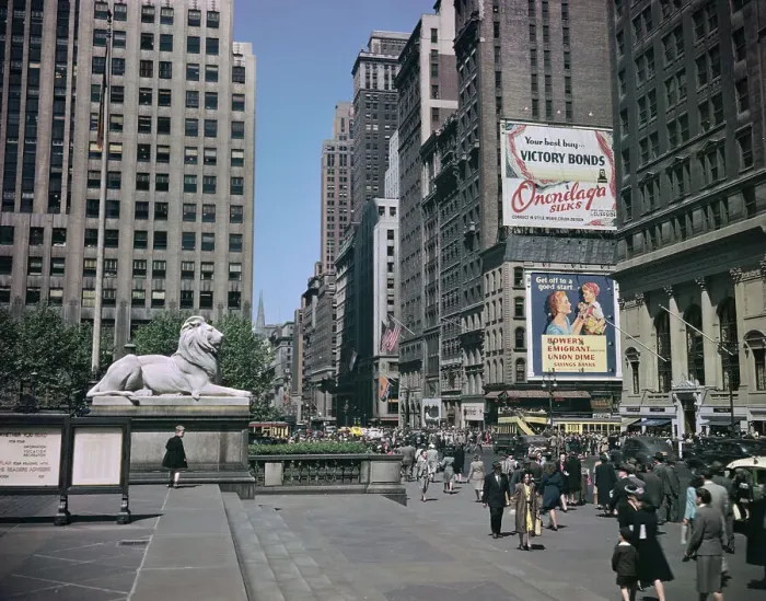 Framed Print : Street Scene at New York Library Including Lion Statue Framed Print : Street Scene at New York Library Including Lion Statue