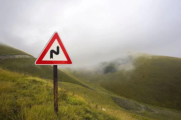 Street sign on the way to the Forca di Presta pass, Monte Sibillini, Apennines Mountains, Marche, Italy, Europe