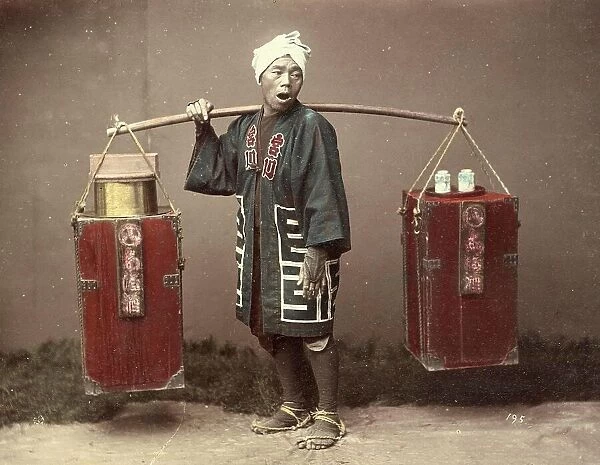 Street vendor with amazake, a traditional Japanese drink made from fermented rice, c. 1880, Japan, Historic, digitally restored reproduction from an original of the period