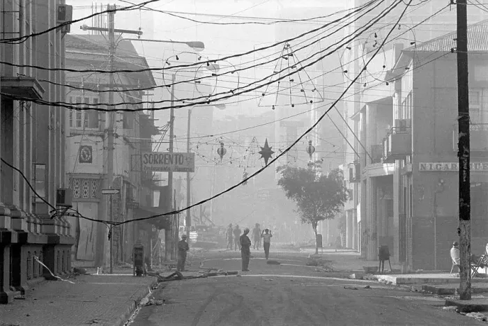 Framed Print : Street W / Hanging Wires & Xmas Decor Framed Print : Street W / Hanging Wires & Xmas Decor