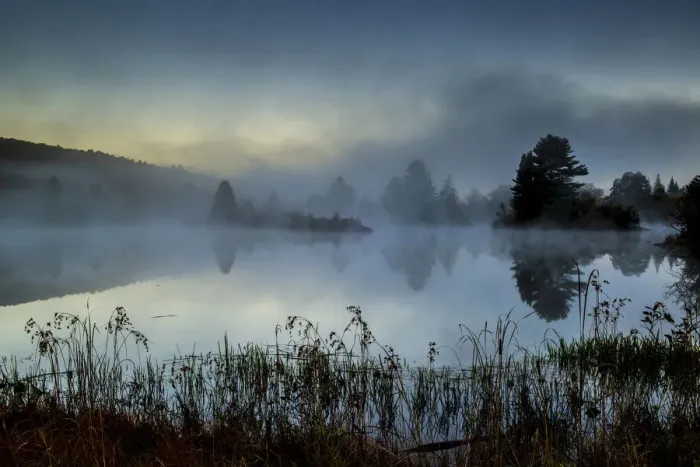 Framed Print : Streeter Pond in fog at dawn, New Hampshire, USA