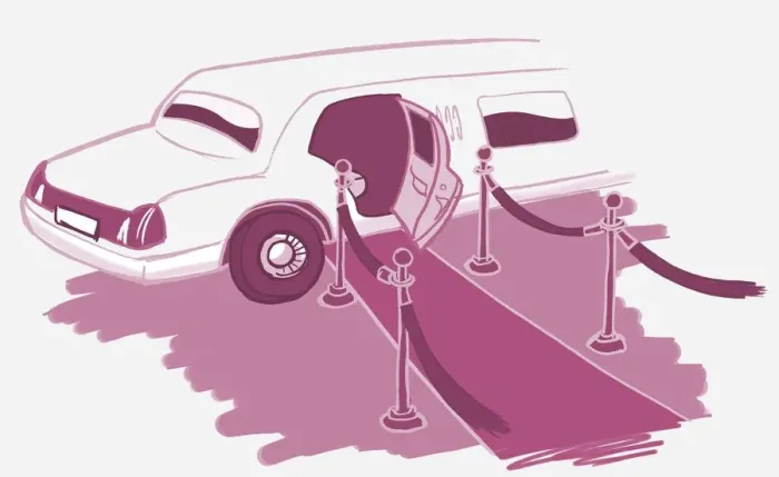 Framed Print : Stretch limousine, opened front door leading out onto purple carpet with barriers on either side Framed Print : Stretch limousine, opened front door leading out onto purple carpet with barriers on either side