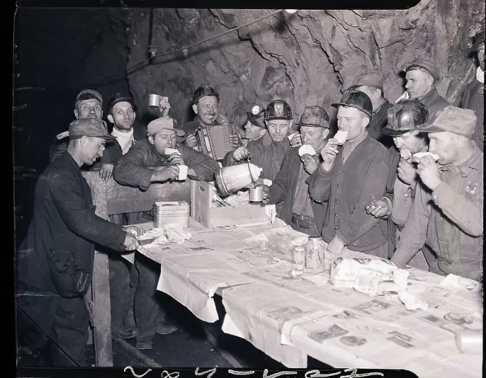 Framed Print : Strikeing Miners Eat Sandwiches and Drink Coffee Framed Print : Strikeing Miners Eat Sandwiches and Drink Coffee