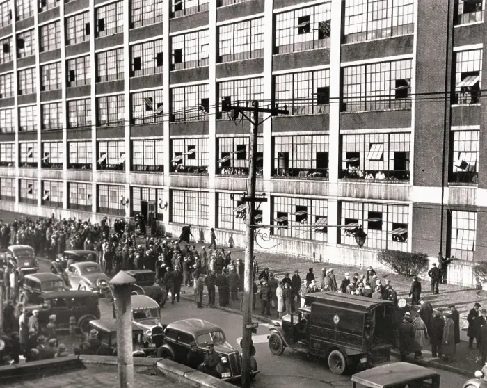 Framed Print : Strikers Lined up Outside Large Factory Framed Print : Strikers Lined up Outside Large Factory