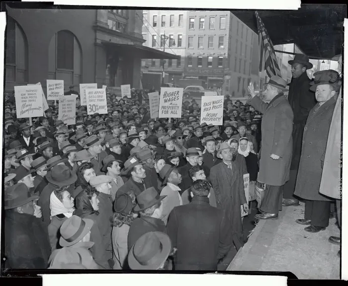 Framed Print : Striking Meat Workers Carrying Signs Listen at Rallie Framed Print : Striking Meat Workers Carrying Signs Listen at Rallie