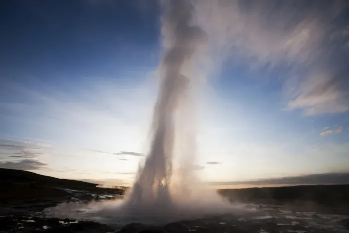 Framed Print : Strokkur Geyser erupting at sunrise Framed Print : Strokkur Geyser erupting at sunrise