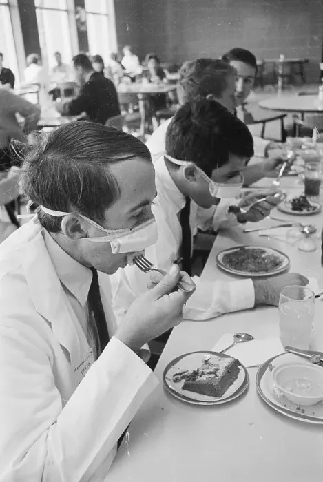 Framed Print : Students Eating with Surgical Masks Framed Print : Students Eating with Surgical Masks