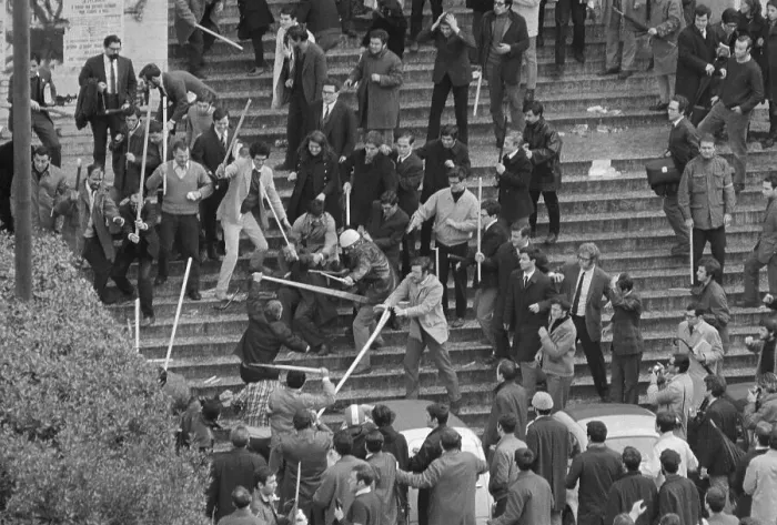 Framed Print : Students Fighting on University Steps Framed Print : Students Fighting on University Steps