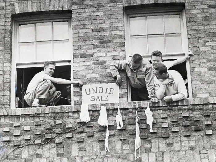 Framed Print : Students Hang Lingerie Out Dorm Window