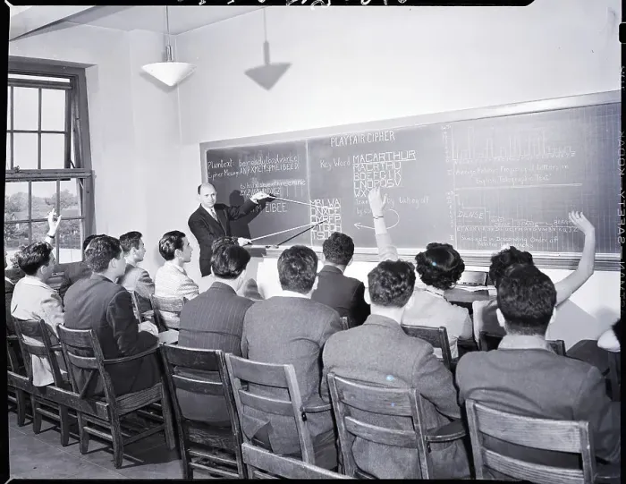Framed Print : Students Looking at Puzzle on Blackboard