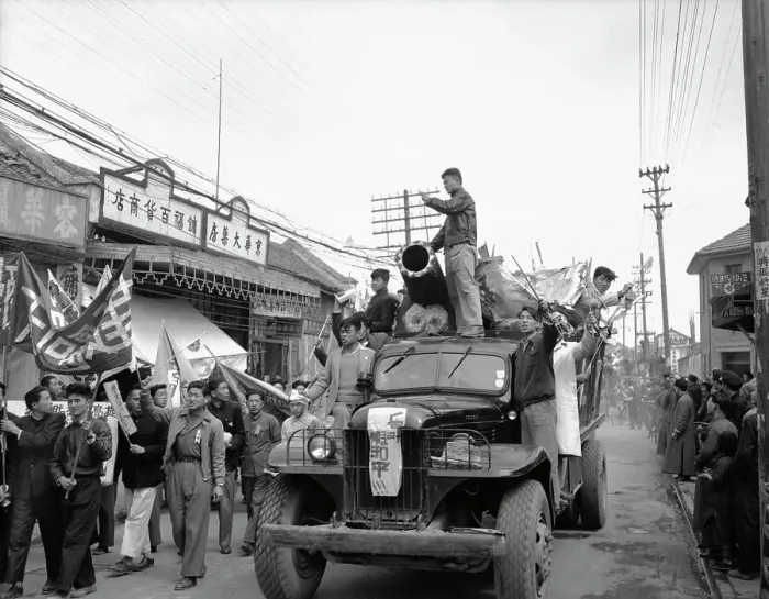 Framed Print : Students Marching Alongside Truck Framed Print : Students Marching Alongside Truck