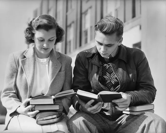 Framed Print : Two Students Reading Outside the High School Framed Print : Two Students Reading Outside the High School