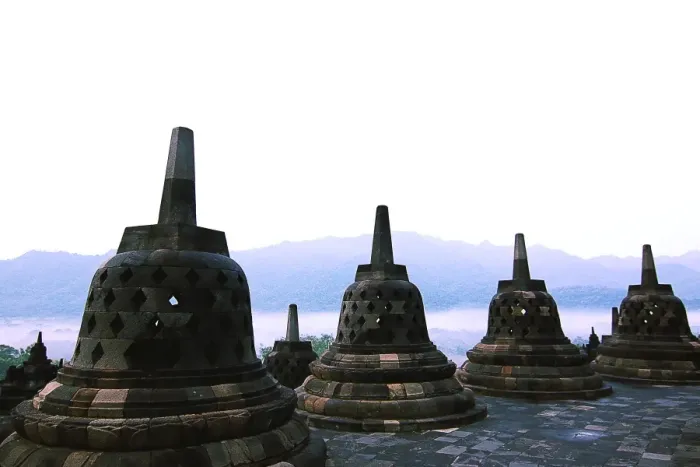 Framed Print : Stupas with background of mountains at Borobudur