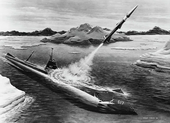 Framed Print : Submarine Launching Missiles into Air Framed Print : Submarine Launching Missiles into Air