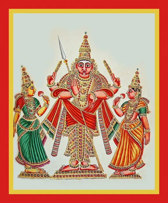 Framed Print : Subrahmanya flanked by the goddess Devasena and Vall Framed Print : Subrahmanya flanked by the goddess Devasena and Vall