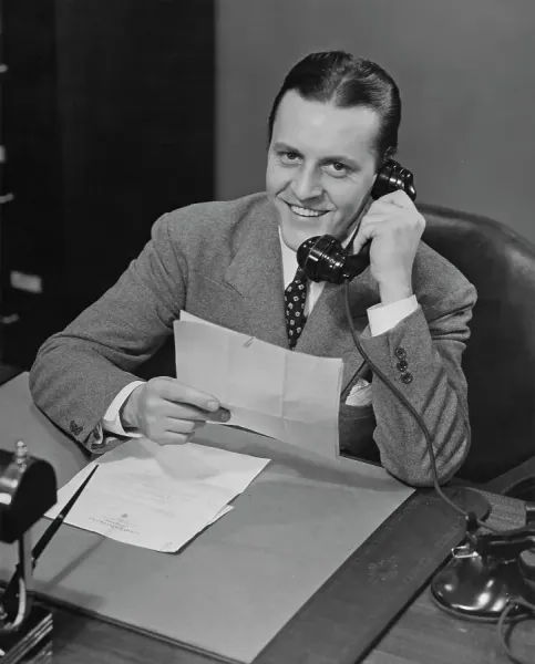 Vintage Print of 1940s Businessman on Telephone. Art Prints