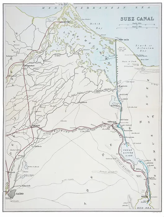 Framed Print : Suez Canal Map 1898 Framed Print : Suez Canal Map 1898