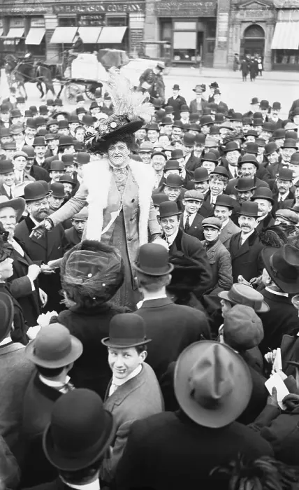 Framed Print : Suffragette Speaking to Crowd of Men Framed Print : Suffragette Speaking to Crowd of Men