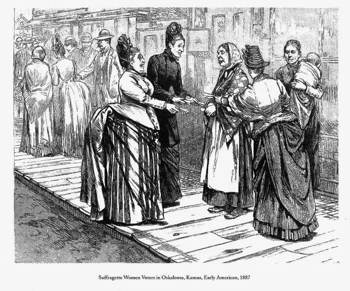 Framed Print : Suffragette Women Voters in Oskaloosa, Kansas, Early American Engraving, 1887 Framed Print : Suffragette Women Voters in Oskaloosa, Kansas, Early American Engraving, 1887