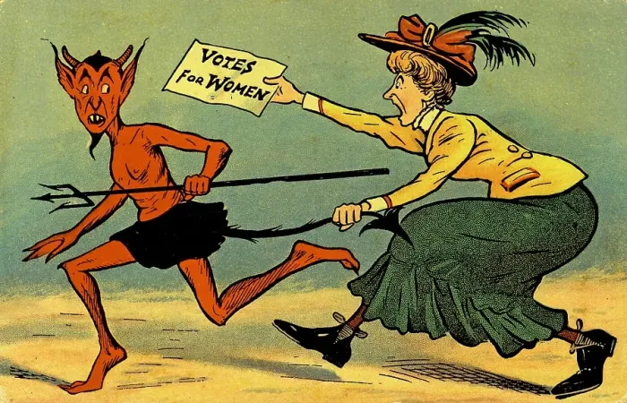 Framed Print : Suffragist Chasing Devil Framed Print : Suffragist Chasing Devil