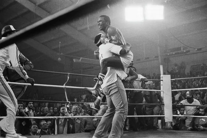 Framed Print : Sugar Ray Leonard in Trainer's Arms Framed Print : Sugar Ray Leonard in Trainer's Arms
