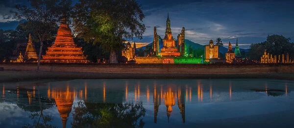 sukhothai historical park, world heritage site in Thailand were illuminated in the light show