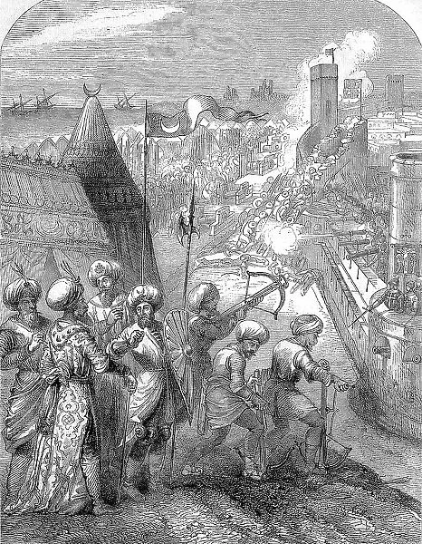 Sultan Mehmed's army under the supreme command of Mesih Pasha, a Palaiologist, besieged the city of Rhodes with about 100. 000 men from 23 May 1480 to 28 July 1480, Greece, Historical, digital reproduction of an original 19th century original