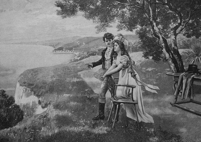 Framed Print : Summer retreat, young couple on the coast above the sea, in love, 1880, Germany, Historic, digital reproduction of an original 19th-century painting, original date not known Framed Print : Summer retreat, young couple on the coast above the sea, in love, 1880, Germany, Historic, digital reproduction of an original 19th-century painting, original date not known