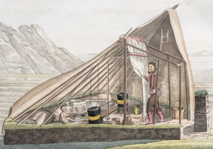 Framed Print : Summer tent of the Greenlanders, hand-colored copper engraving from Friedrich Justin Framed Print : Summer tent of the Greenlanders, hand-colored copper engraving from Friedrich Justin