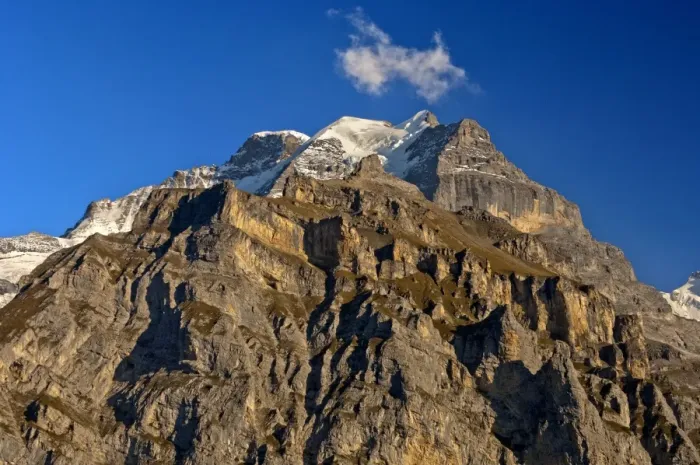Framed Print : Summit of Jungfrau Mountain, rear, and Silberhorn Mountain, seen from Muerren, Murren, Bernese Oberland, Canton of Bern, Switzerland