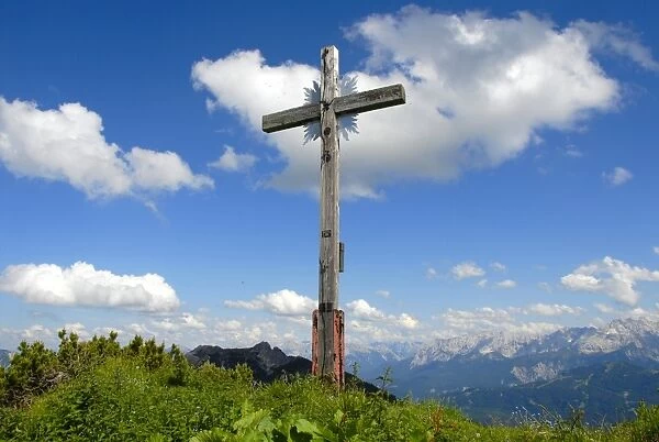 Summit with summit cross, Mt. Hirschbichel, 1935m, Hirschbuehel, near Garmisch-Partenkirchen, Werdenfelser Land area, Upper Bavaria, Bavaria, Germany, Europe