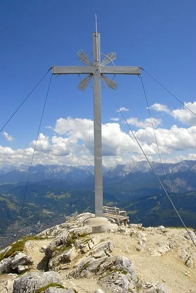 Summit with summit cross, Mt. Kramer or Mt. Kramerspitz, 1985m, near Garmisch-Partenkirchen, Werdenfelser Land area, Upper Bavaria, Bavaria, Germany, Europe