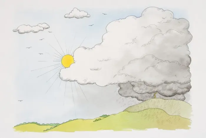 Framed Print : Sun emerging from behind grey cloud from which rain falls over green hillscape, front view