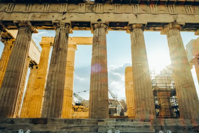 Framed Print : Sun Flare Through Parthenon Stone Columns