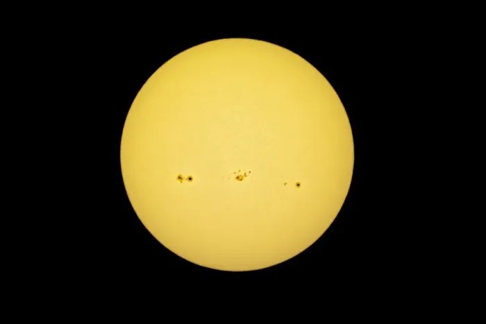 Framed Print : Sun with solar spots in the white light, yellow filter Framed Print : Sun with solar spots in the white light, yellow filter